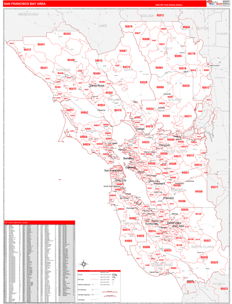 Bay Area Metro Area Wall Map Red Line Style